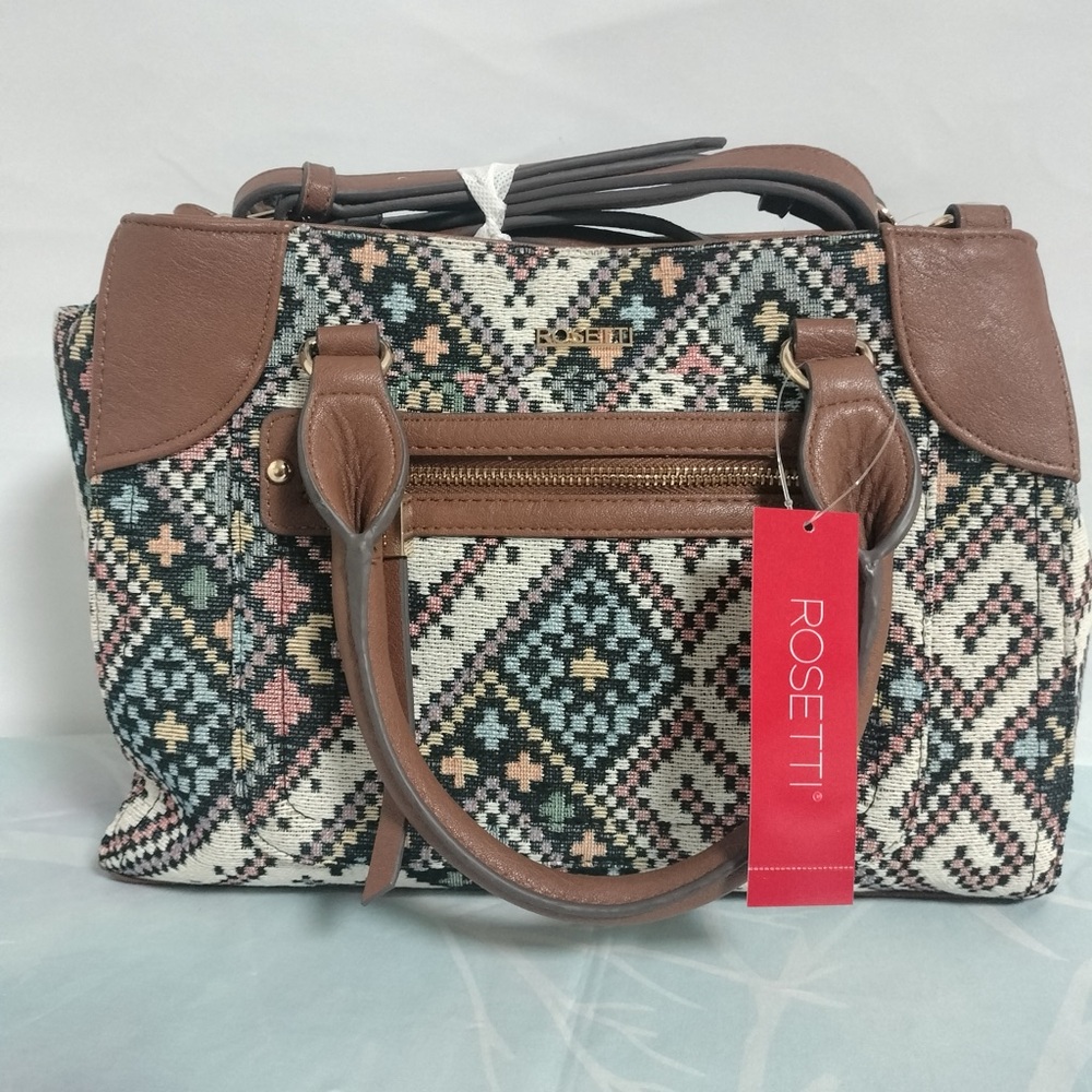 Rosetti Geometric Patterned Satchel with Brown Ac… - image 1